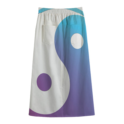 Purple And Blue Yin Yang Print Cotton Front Slit Maxi Skirt