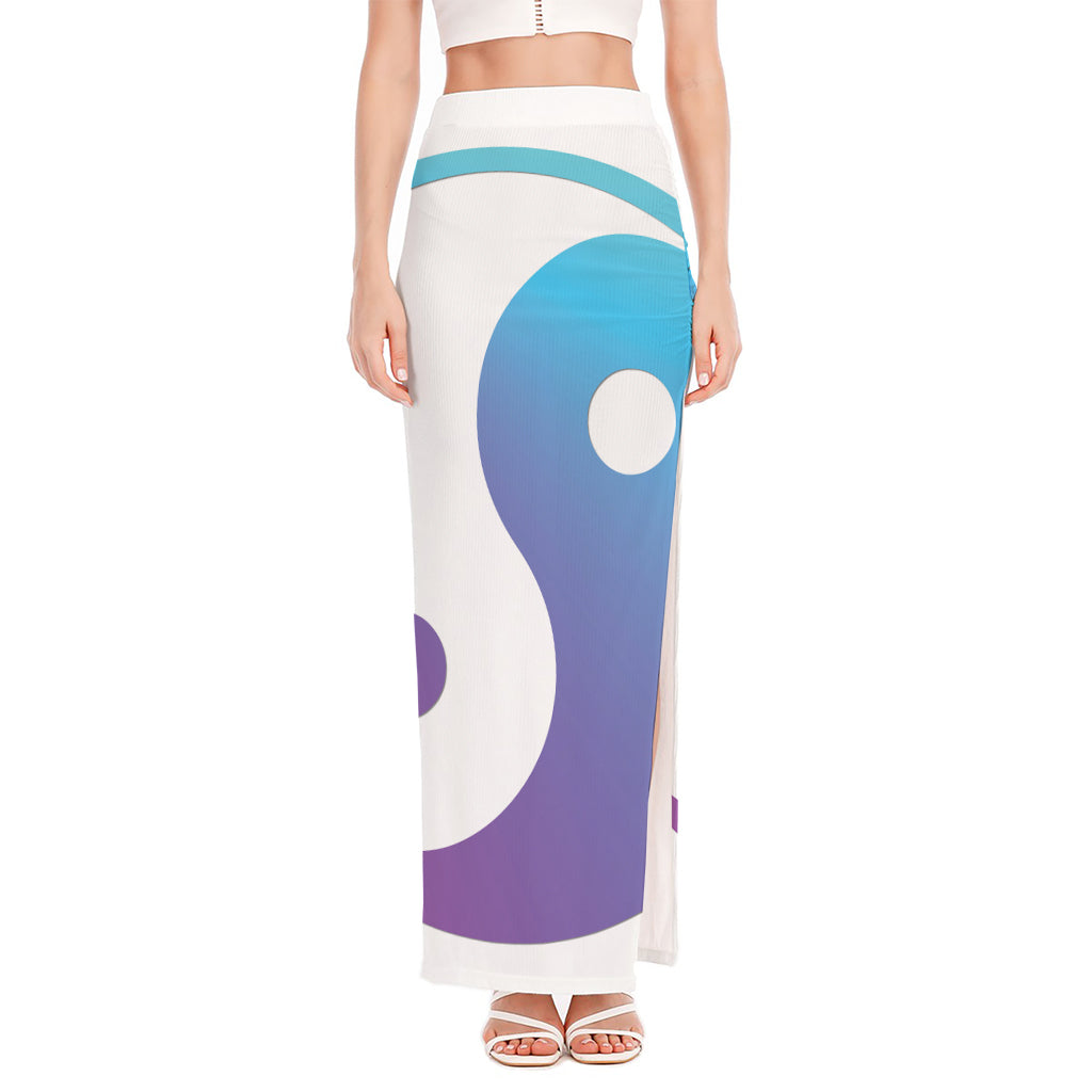 Purple And Blue Yin Yang Print High Slit Maxi Skirt