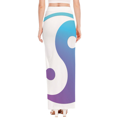 Purple And Blue Yin Yang Print High Slit Maxi Skirt