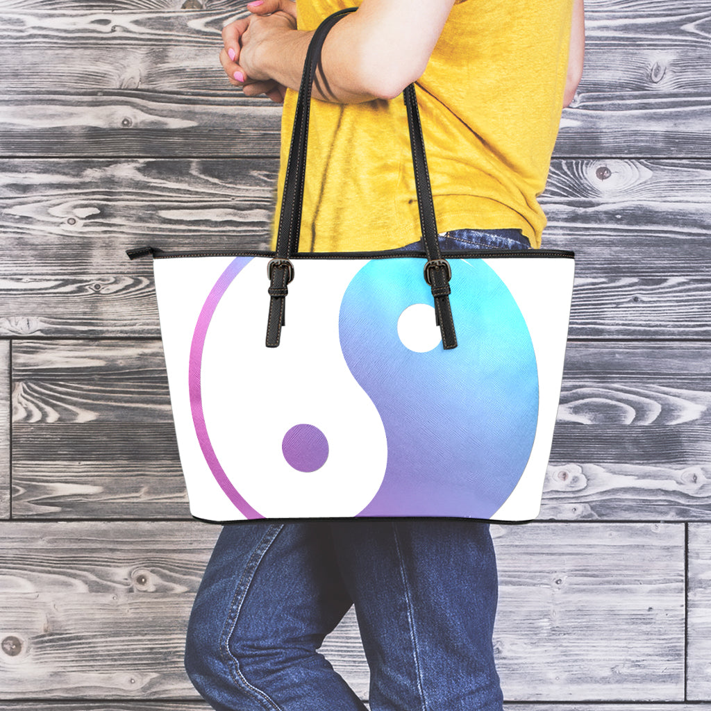 Purple And Blue Yin Yang Print Leather Tote Bag