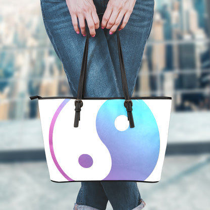 Purple And Blue Yin Yang Print Leather Tote Bag