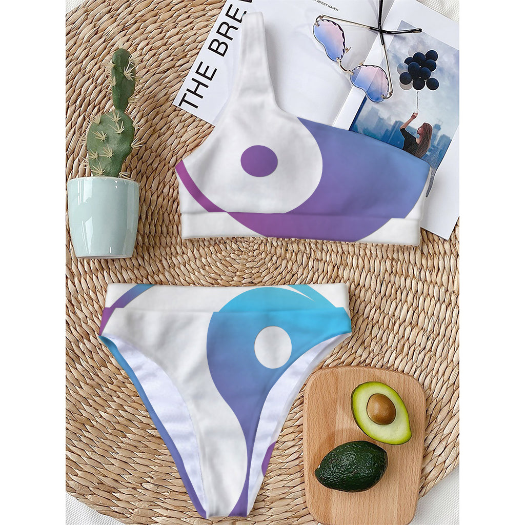 Purple And Blue Yin Yang Print One Shoulder Bikini Top