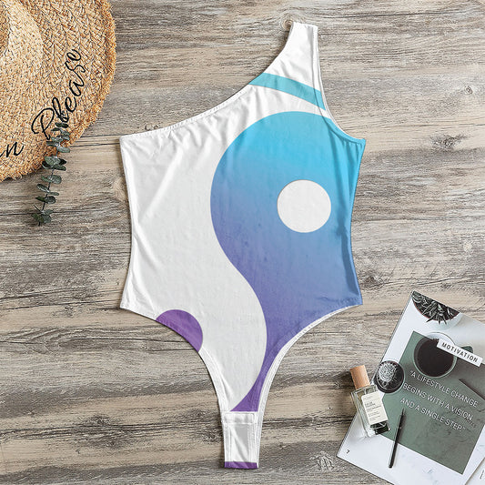 Purple And Blue Yin Yang Print One Shoulder Bodysuit