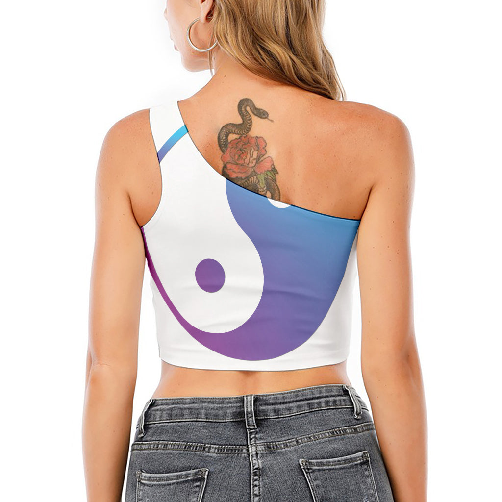Purple And Blue Yin Yang Print One Shoulder Crop Top