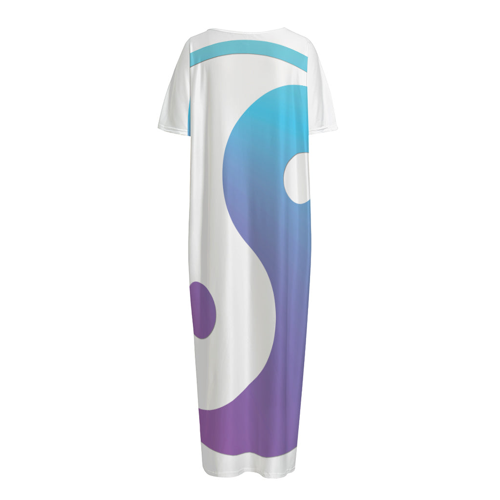 Purple And Blue Yin Yang Print Short Sleeve Long Nightdress