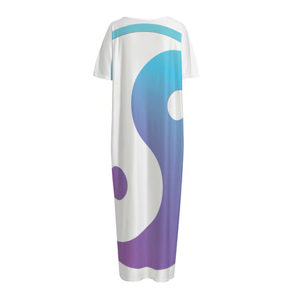 Purple And Blue Yin Yang Print Short Sleeve Long Nightdress