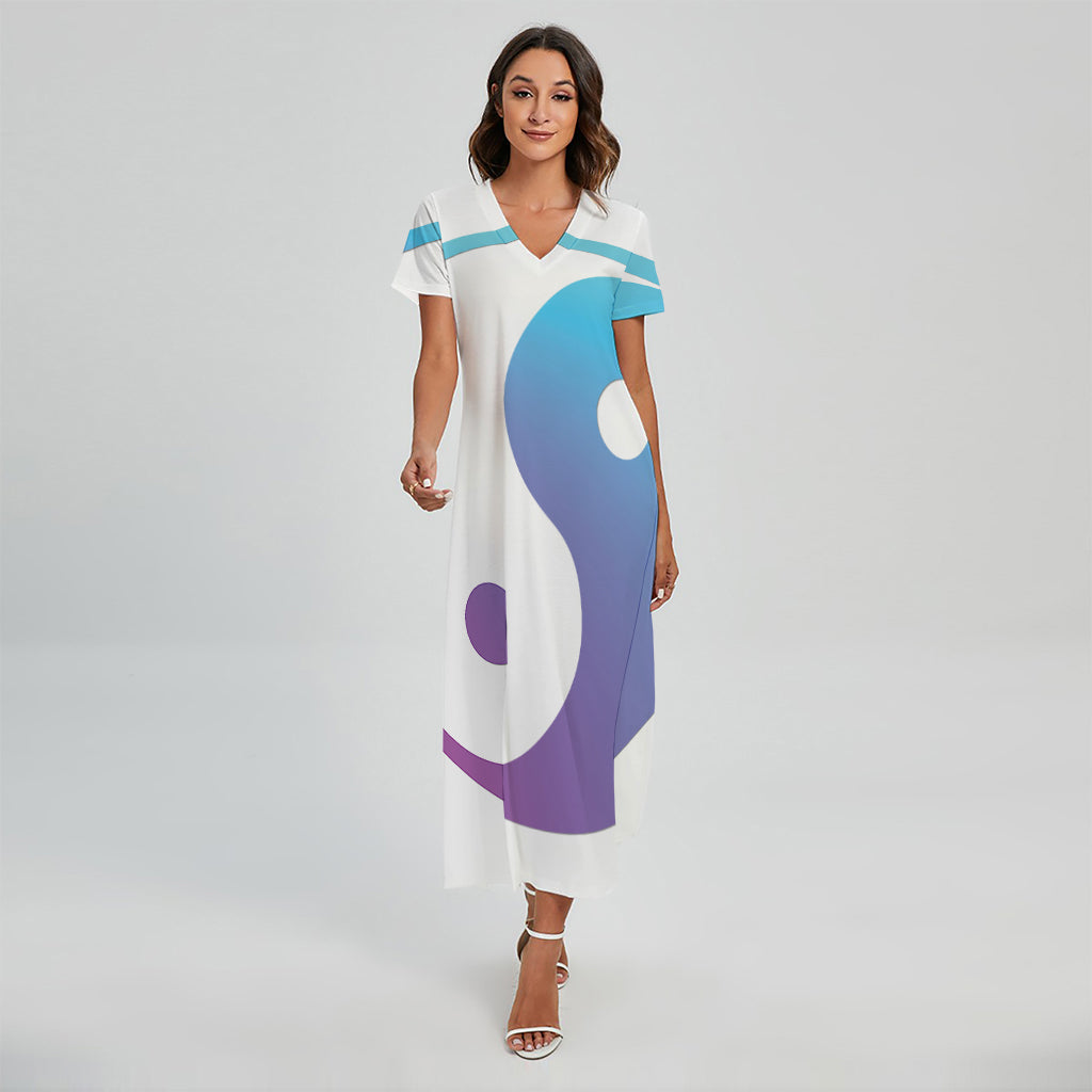Purple And Blue Yin Yang Print Short Sleeve Maxi Dress
