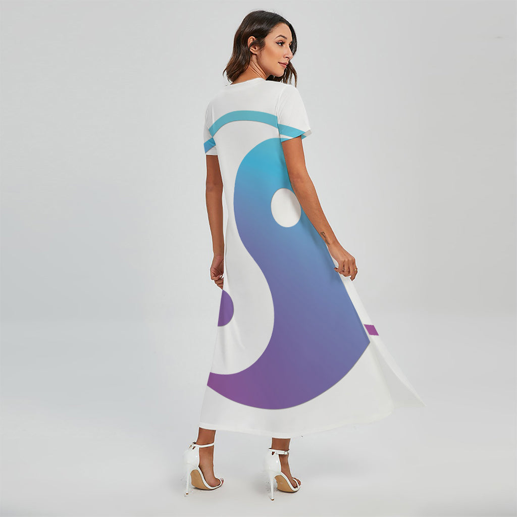 Purple And Blue Yin Yang Print Short Sleeve Maxi Dress
