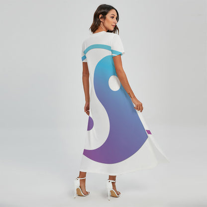 Purple And Blue Yin Yang Print Short Sleeve Maxi Dress