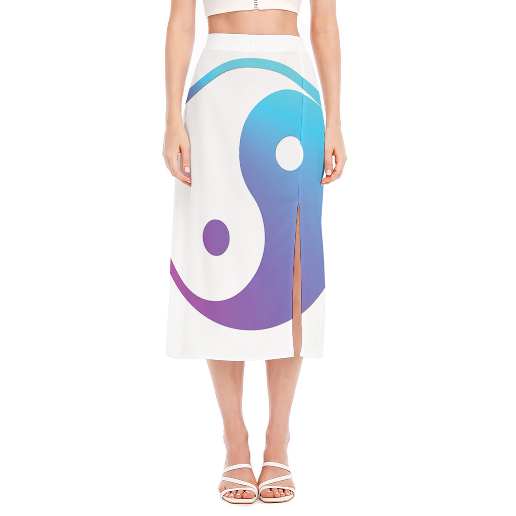 Purple And Blue Yin Yang Print Side Slit Midi Skirt