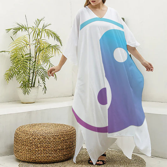 Purple And Blue Yin Yang Print Silk V-Neck Kaftan Dress