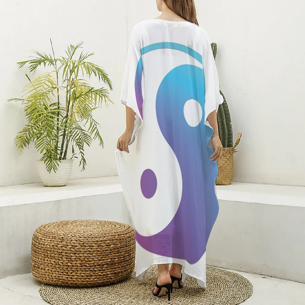 Purple And Blue Yin Yang Print Silk V-Neck Kaftan Dress
