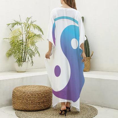 Purple And Blue Yin Yang Print Silk V-Neck Kaftan Dress