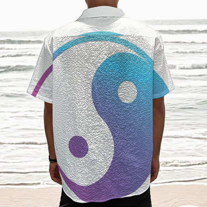 Purple And Blue Yin Yang Print Textured Short Sleeve Shirt