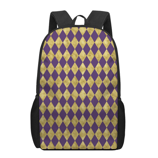 Purple And Gold Harlequin Pattern Print 17 Inch Backpack