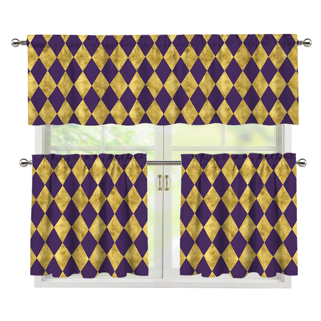 Purple And Gold Harlequin Pattern Print 3 Piece Kitchen Curtains