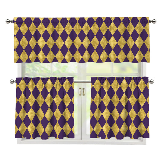 Purple And Gold Harlequin Pattern Print 3 Piece Kitchen Curtains