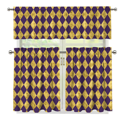Purple And Gold Harlequin Pattern Print 3 Piece Kitchen Curtains