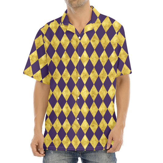 Purple And Gold Harlequin Pattern Print Aloha Shirt