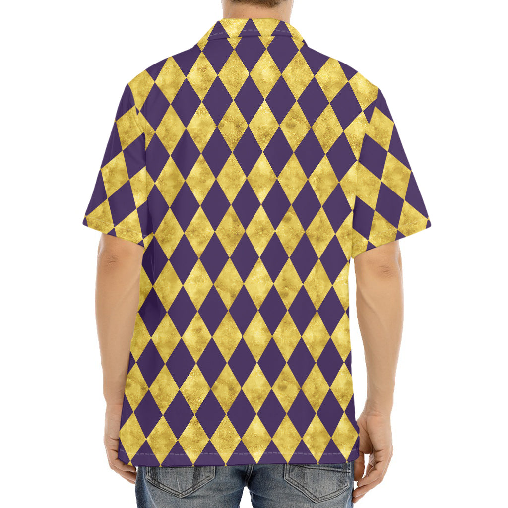 Purple And Gold Harlequin Pattern Print Aloha Shirt