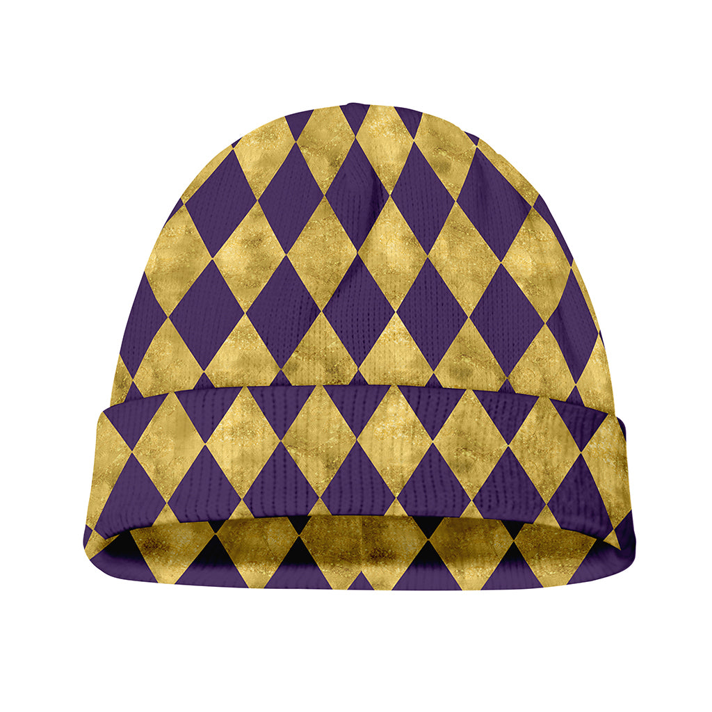 Purple And Gold Harlequin Pattern Print Beanie