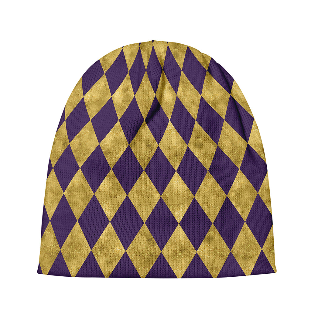 Purple And Gold Harlequin Pattern Print Beanie