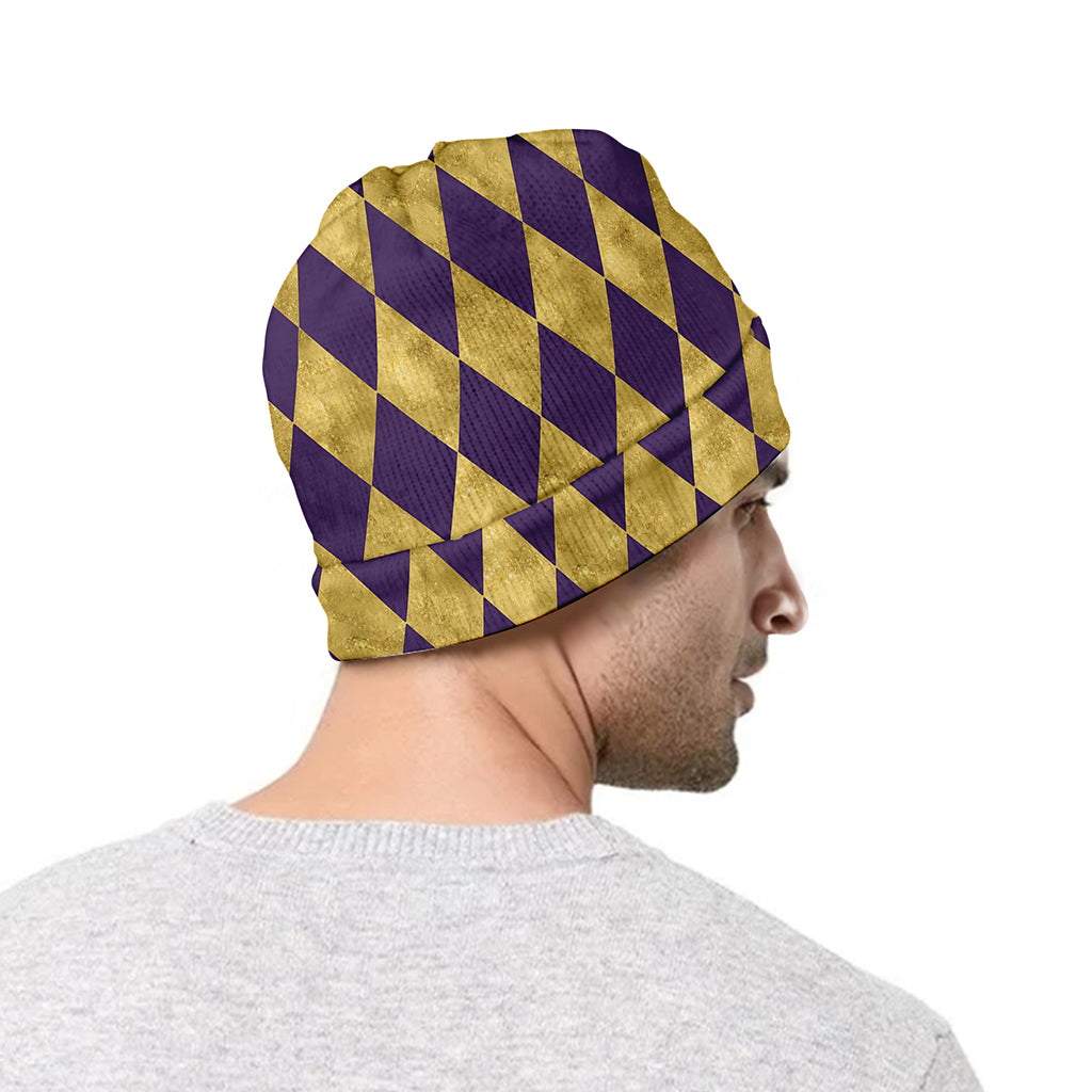 Purple And Gold Harlequin Pattern Print Beanie