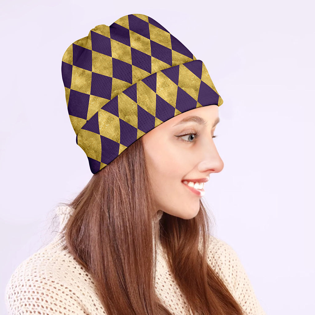 Purple And Gold Harlequin Pattern Print Beanie