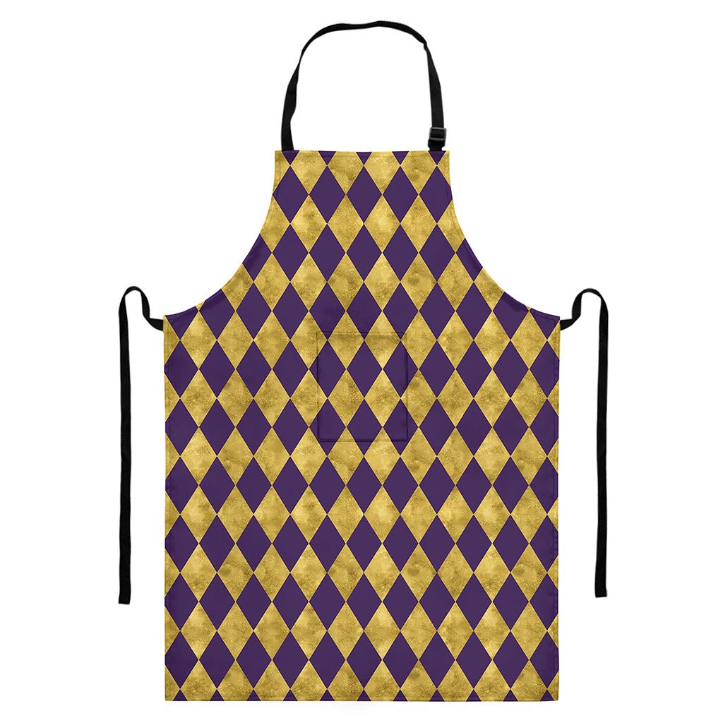 Purple And Gold Harlequin Pattern Print Bib Apron With Pocket
