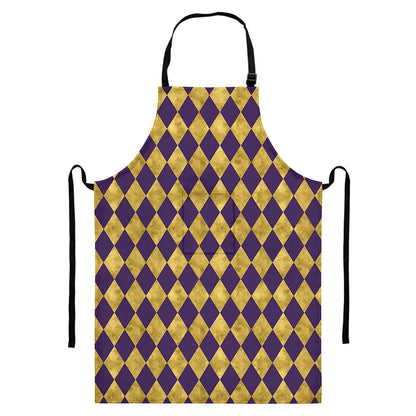 Purple And Gold Harlequin Pattern Print Bib Apron With Pocket
