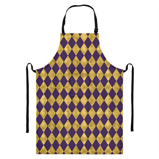 Purple And Gold Harlequin Pattern Print Bib Apron With Pocket
