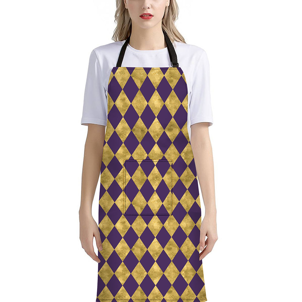 Purple And Gold Harlequin Pattern Print Bib Apron With Pocket