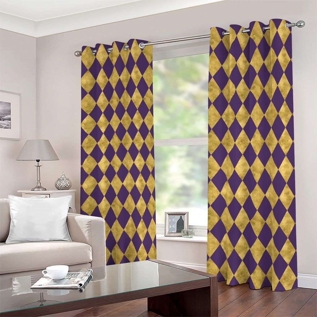 Purple And Gold Harlequin Pattern Print Blackout Grommet Curtains