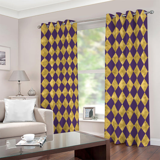 Purple And Gold Harlequin Pattern Print Blackout Grommet Curtains