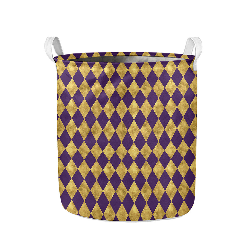 Purple And Gold Harlequin Pattern Print Collapsible Laundry Basket
