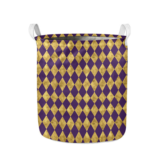 Purple And Gold Harlequin Pattern Print Collapsible Laundry Basket