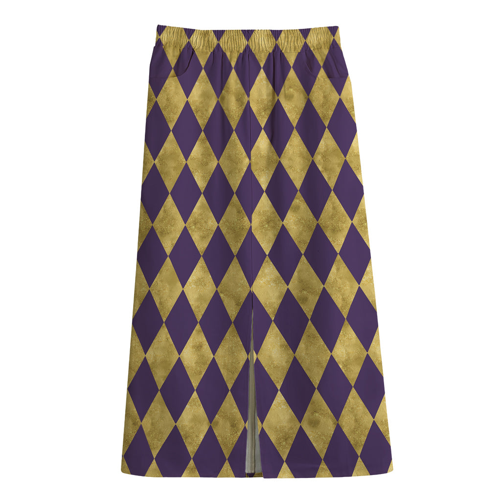 Purple And Gold Harlequin Pattern Print Cotton Front Slit Maxi Skirt