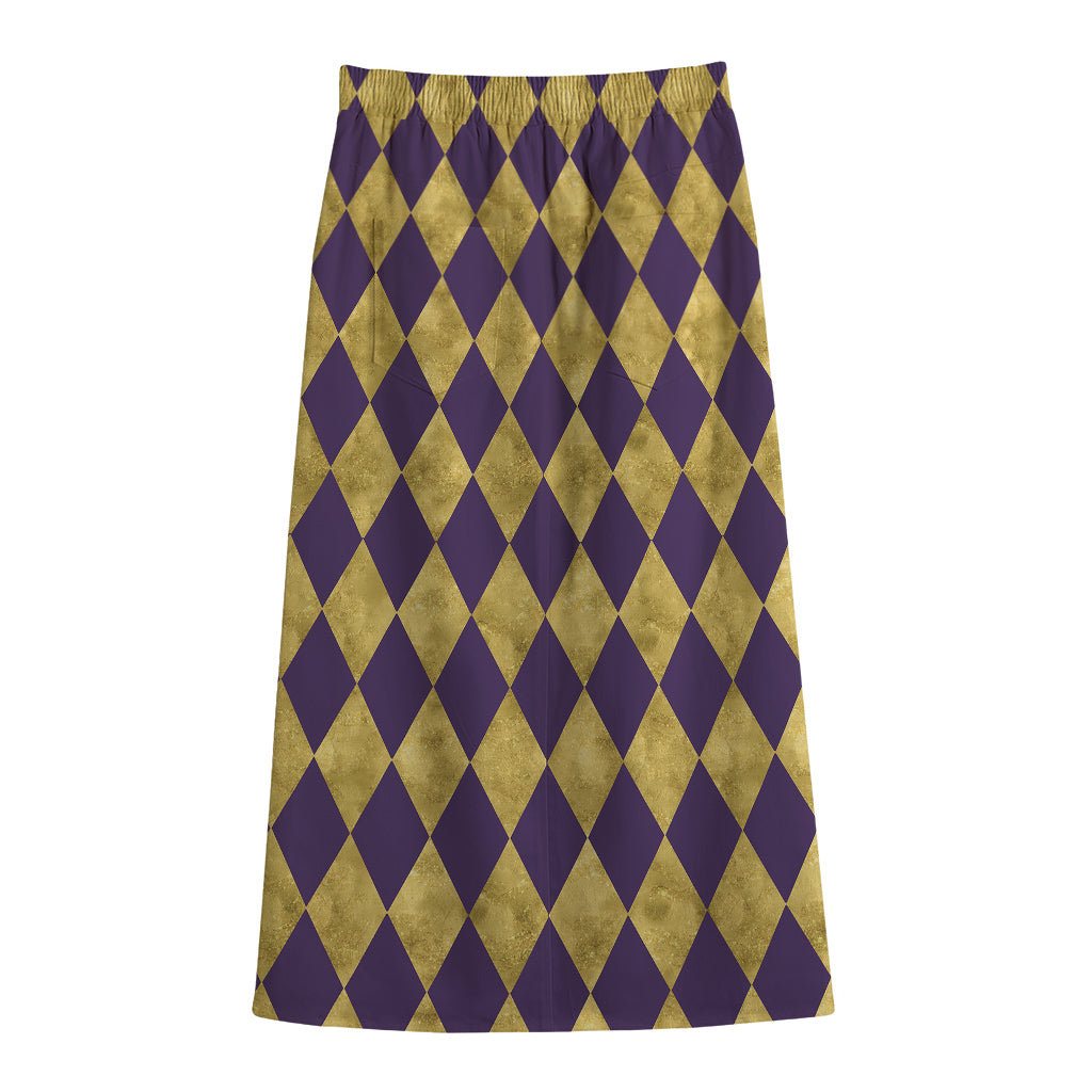 Purple And Gold Harlequin Pattern Print Cotton Front Slit Maxi Skirt