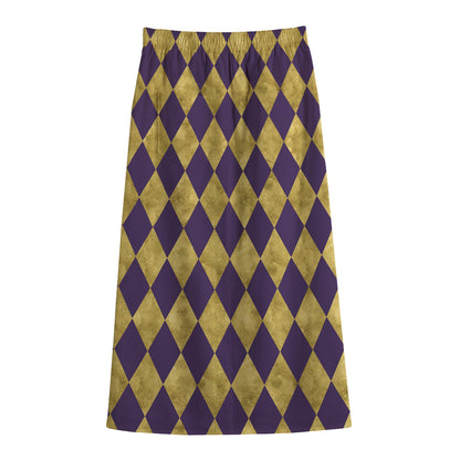 Purple And Gold Harlequin Pattern Print Cotton Front Slit Maxi Skirt
