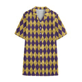 Purple And Gold Harlequin Pattern Print Cotton Hawaiian Shirt