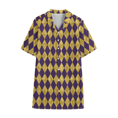 Purple And Gold Harlequin Pattern Print Cotton Hawaiian Shirt