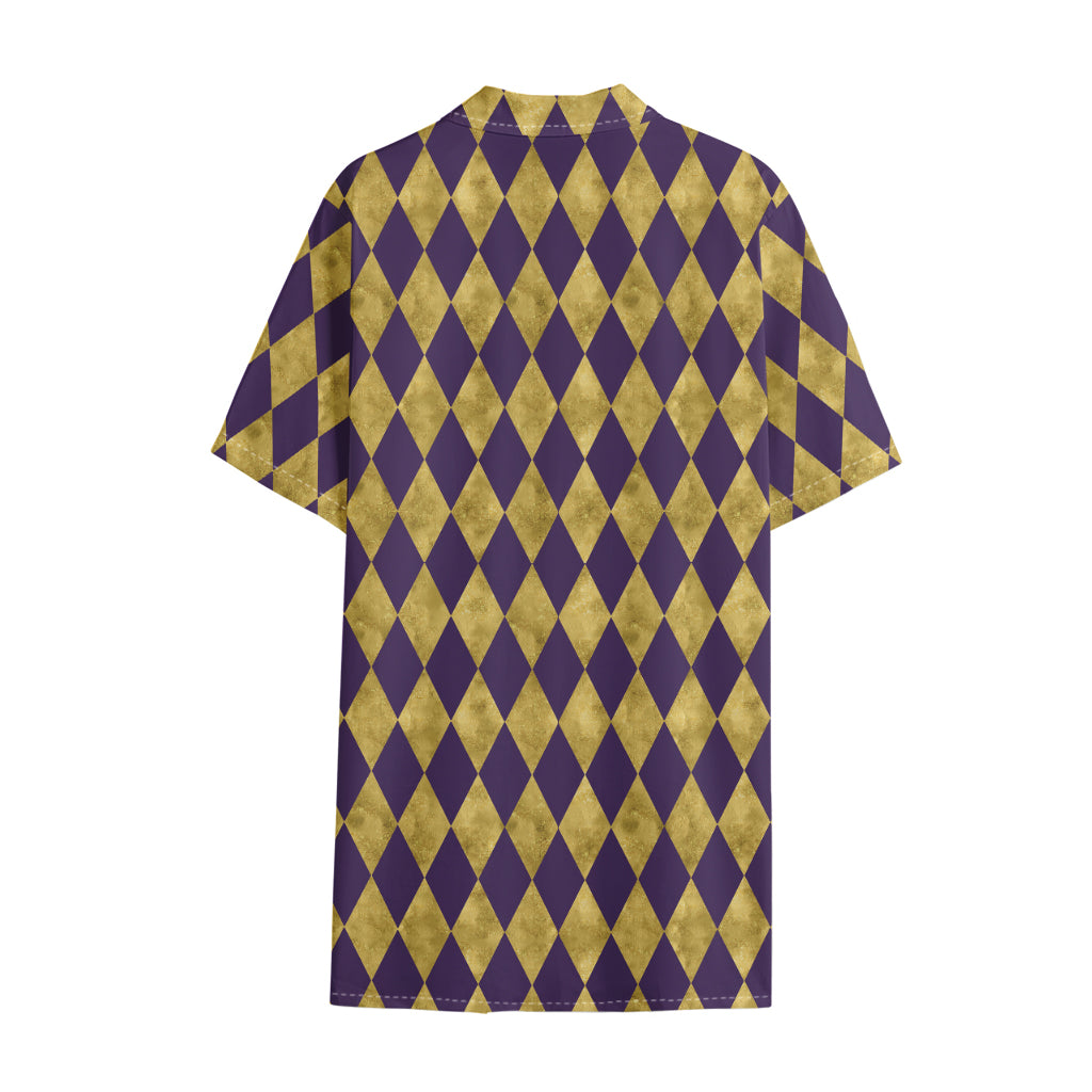 Purple And Gold Harlequin Pattern Print Cotton Hawaiian Shirt