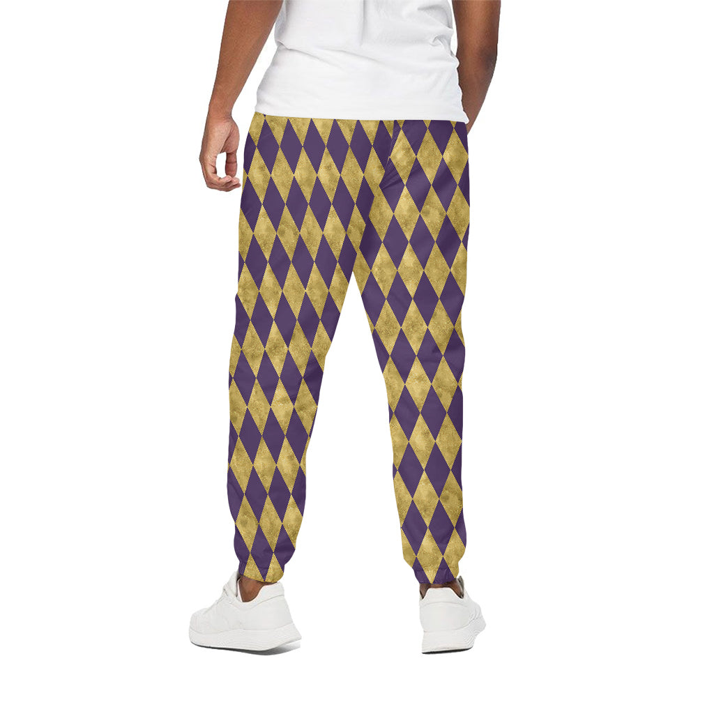 Purple And Gold Harlequin Pattern Print Cotton Pants
