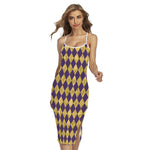 Purple And Gold Harlequin Pattern Print Cross Back Cami Dress