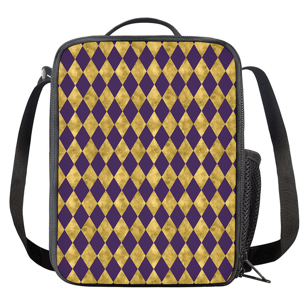Purple And Gold Harlequin Pattern Print Crossbody Lunch Bag