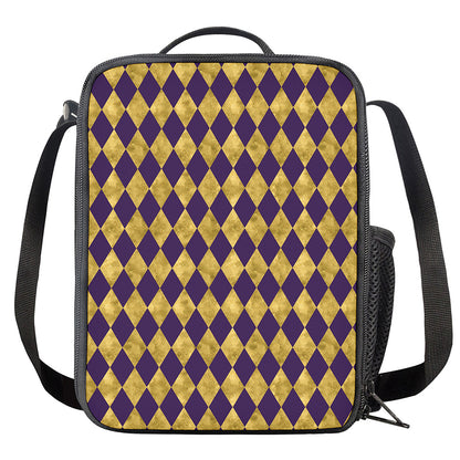 Purple And Gold Harlequin Pattern Print Crossbody Lunch Bag