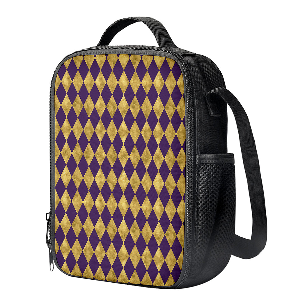 Purple And Gold Harlequin Pattern Print Crossbody Lunch Bag