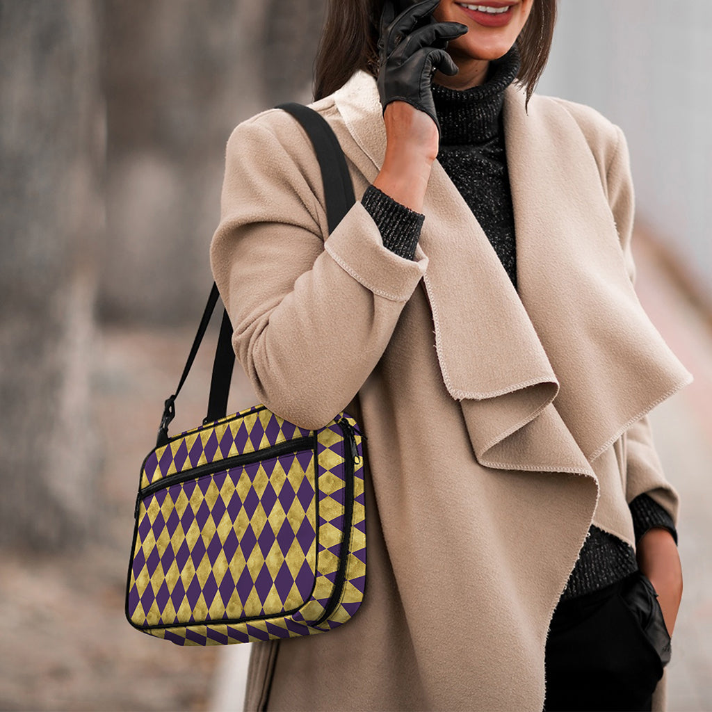 Purple And Gold Harlequin Pattern Print Double Strap Bible Bag