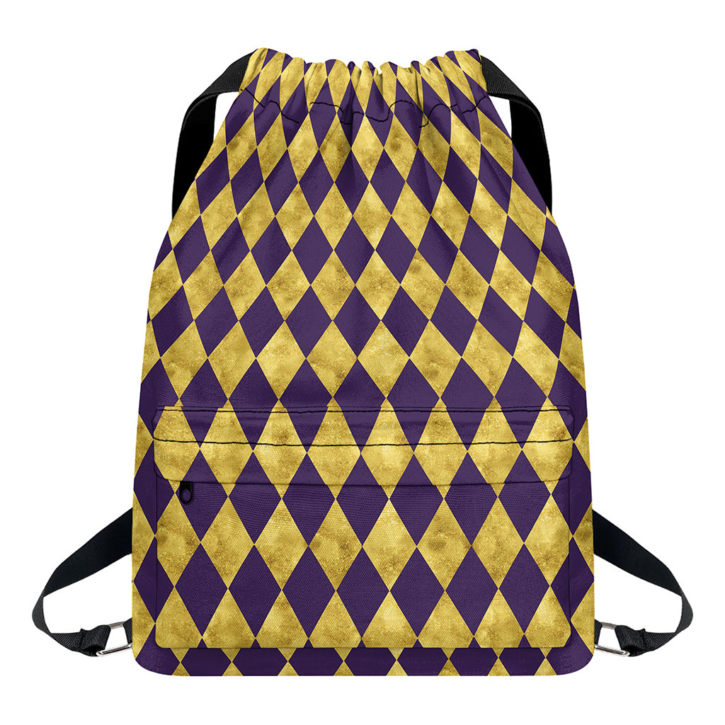 Purple And Gold Harlequin Pattern Print Drawstring Backpack