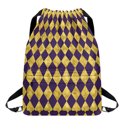 Purple And Gold Harlequin Pattern Print Drawstring Backpack